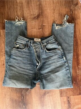 AGOLDE High-Rise Distressed Straight Jeans — Light Blue Denim